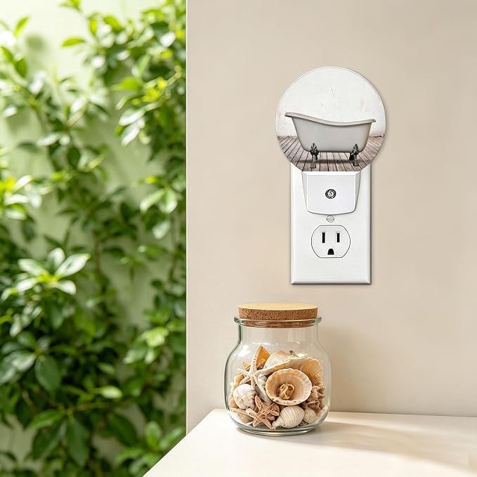 Nightlight Vintage Bathtub Plug-in Night Lights Dusk to Dawn | Bathroom White Old Wall Wood Floor Night Light LED Round Lamp with Auto on/off Sensor for Kitchen Hallway Bedroom Bathroom
