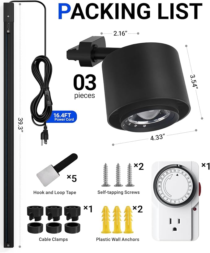 Barrina TR40C Track Grow Lamp, 3 x 40W, 4000K, Adjustable Beam Angle, Black | 15°-60° Beam Focus, H-Type Plant Light Bulbs for House Plants, Ceiling Mount Full Spectrum Grow Lamp with Timer, High PPFD
