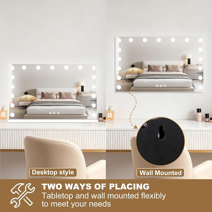 Ratsamee Hollywood Vanity Mirror with Lights, 17 Dimmable Bulbs, 3 Color Lights,Make Up Lighted Mirror, Aluminum Metal Frame, USB Charging Port(28" x 20")
