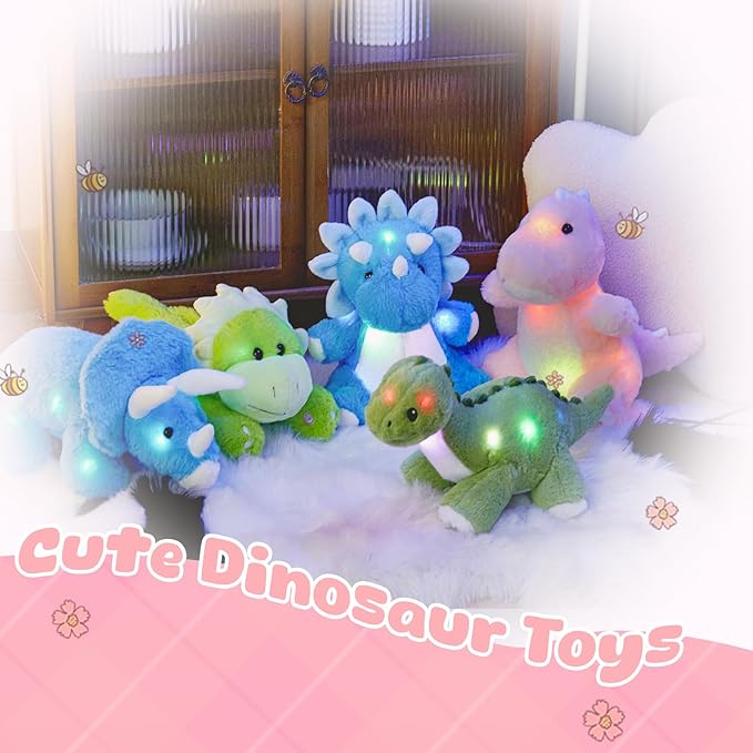 Glow Guards 12'' Light up Dinosaur Stuffed Animal, LED Soft Dinosaur Plush Toy with Magic Night Lights, Birthday Children's Day for Toddler Kids (Pink, LED)
