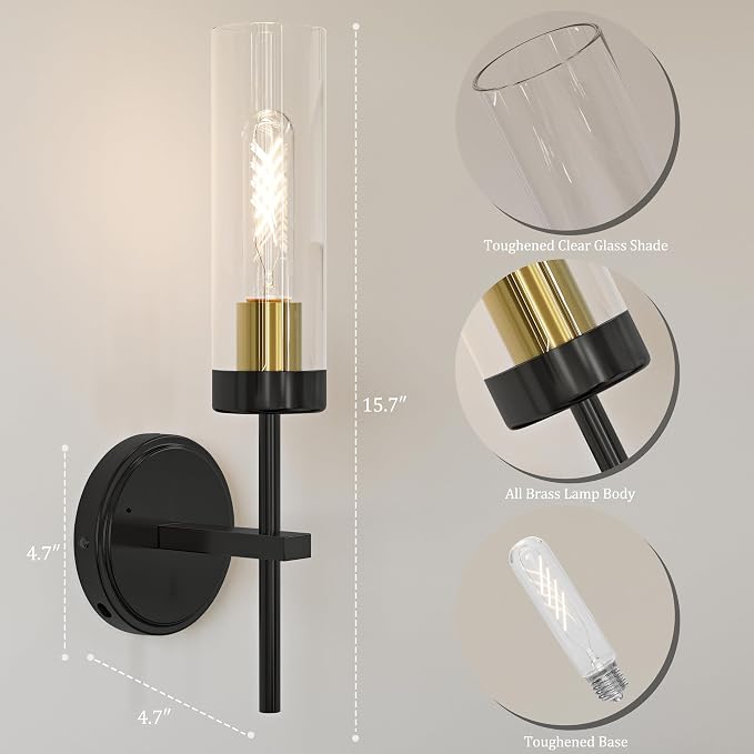 Black Gold Battery Operated Wall Sconce Set of 2, Wireless Wall Sconces with Remote, Rechargeable 3000K Dimmable Wall Light for Bedroom Living Room Bathroom Hallway Entryway Stairwell