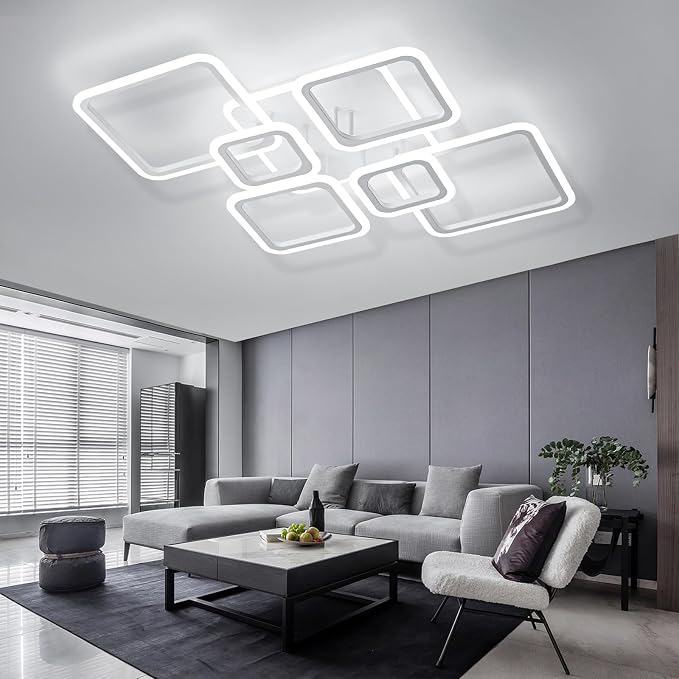 Smart LED Ceiling Light, 36.2″ Square Flush Mount Fixture, 6+1 Ring Modern Design, 130W Dimmable Acrylic Light with Remote, WiFi Alexa & App Control for Bedroom Living Room Dining Room (White)