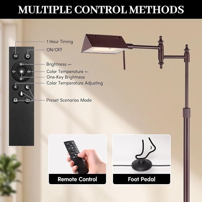 Bairth Oil-Rubbed Bronze Reading Floor Lamp,Dimmable Pharmacy Standing Lamp | 3 Color Temperature, Dimmable, 17W LED, Height Adjustable, 360°Swing Arm, for Living Room, Bedroom, Office, Craft & Sewing