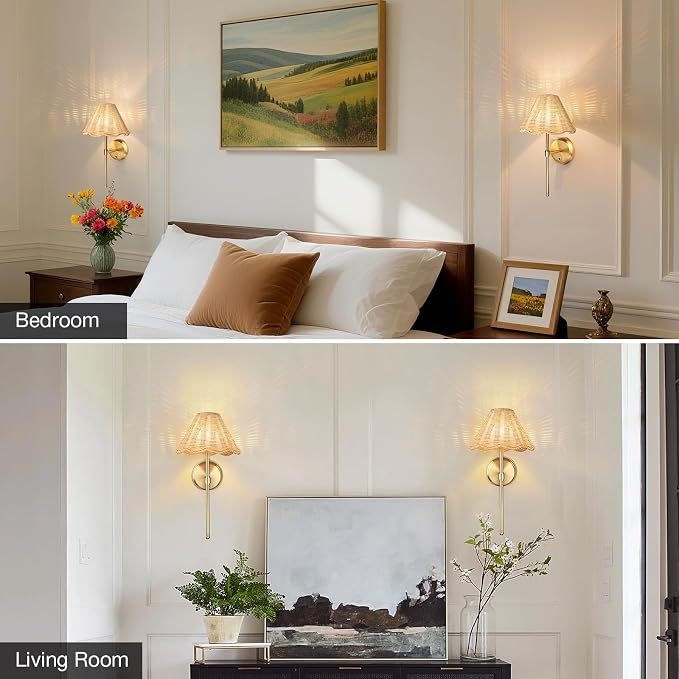 Battery Operated Boho Rattan Wall Sconce Set of 2, Stepless Dimming Magnetic Wall Lamp, 5200mAh Rechargeable Battery and Integrated LED, for Living Room Bedroom Hallway Corridor