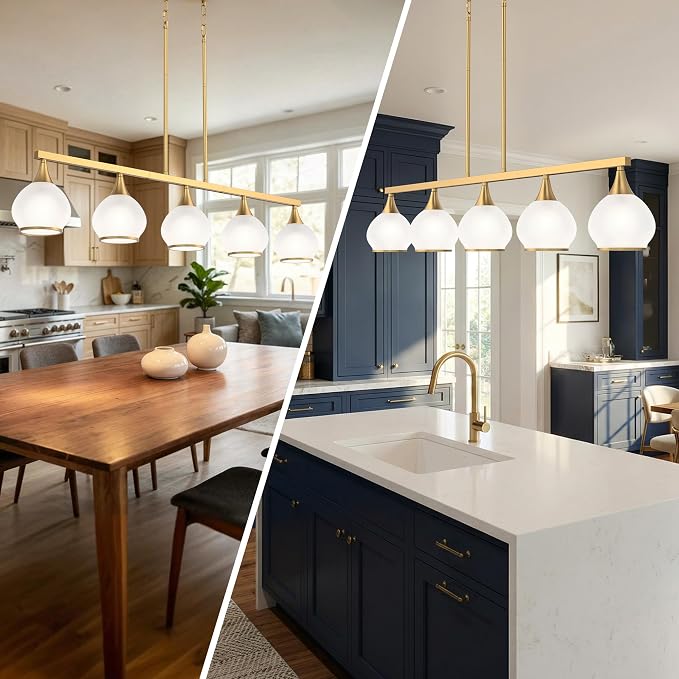 Kitchen Island Linear Pendant Light, 5-Light Gold Dining Room Chandelier with White Glass Globe Shades, Modern Linear Lighting Fixture Over Table