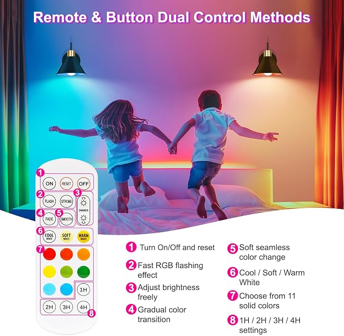 Frideko Rechargeable Wall Sconces Set of Two with Remote, RGB 15 Colors Dimmable Battery Operated Wall Lights for Living Room Bedroom, Indoor Black Wall Lamp with Timer Wireless