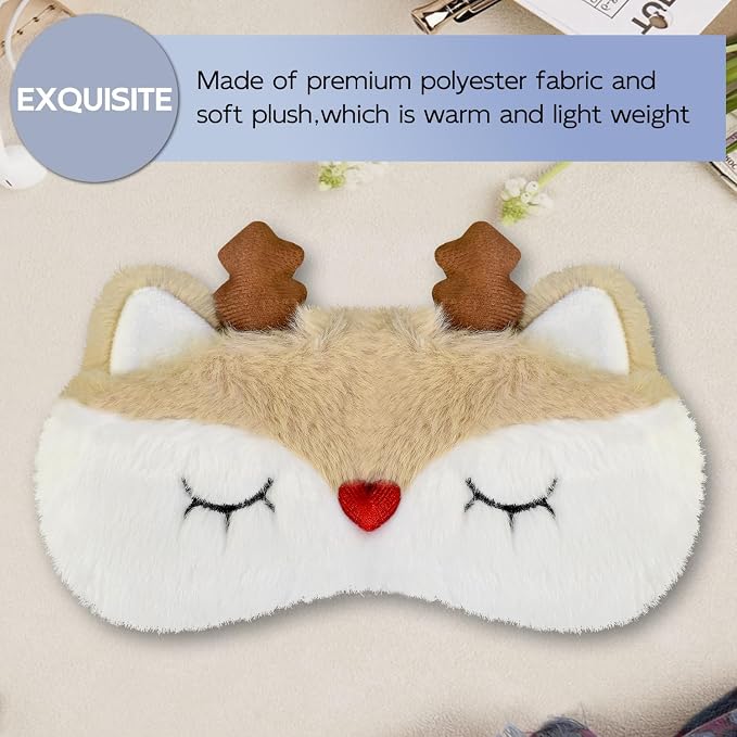 Christmas Reindeer Sleep Mask Cute Antler Eye Masks Sleeping Soft Plush Cartoon Blindfold Funny Animal Eye Cover Xmas Presents for Women Men (Xmas Reindeer,White)
