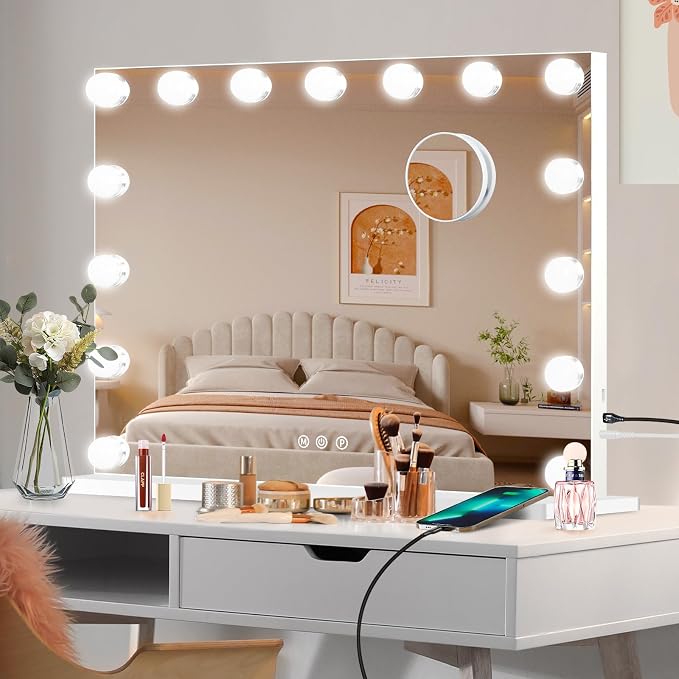 Moonee Vanity Mirror with Lights, Hollywood Lighted Makeup Mirror with 27 Dimmable Bulbs and 10X Magnification, 3 Colors Modes, Light Up Mirror, Gifts for Women, Girls,Dorm Room Essentials(52" x 30")