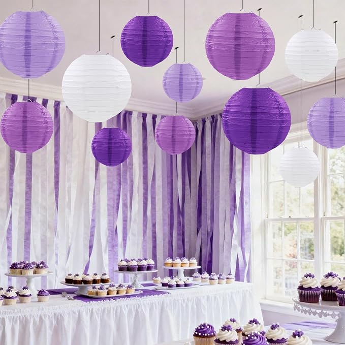 Purple Paper Lanterns Party Decorations, Hanging Round Paper Lanterns for Bachelorette Engagement Wedding Baby Bridal Purple Birthday Decorations (12 PCS)