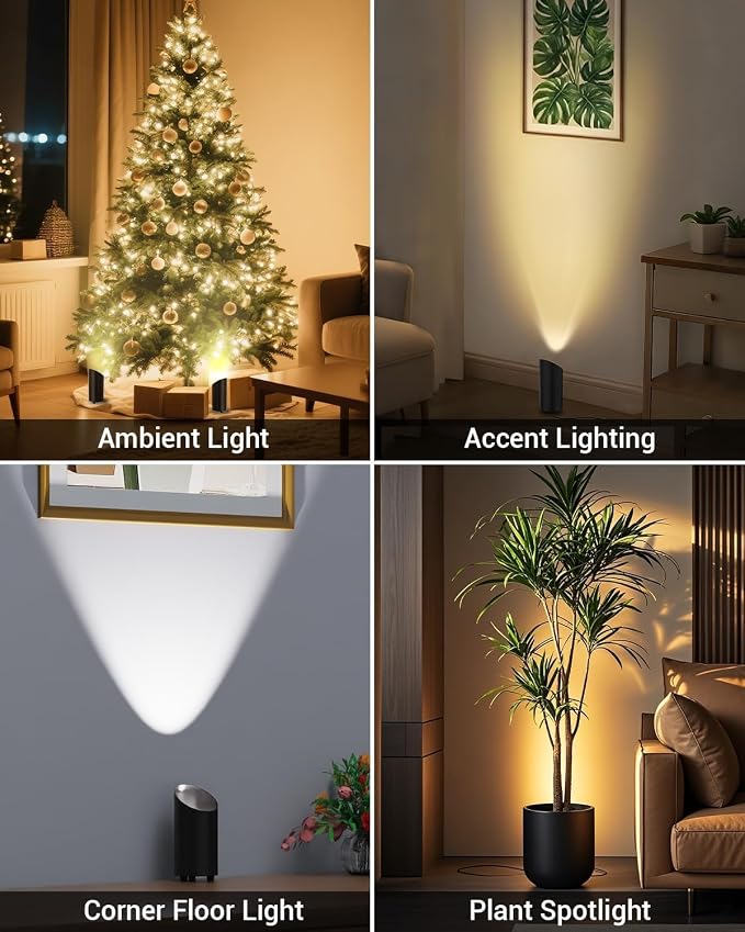 4 Pack Uplighting Indoor, LED Floor Can Lights with Remote and Timer, 3 Color Temps Dimmable Spotlight for Corner Sofa Plant Home Accent Lighting, 5.9 FT Plug Cord & Foot Switch, Black