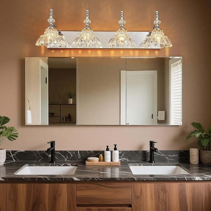 Vintage Bathroom Vanity Light, 4-Light Chrome Vanity Lighting Fixture with Flower Glass Shade, Bathroom Lighting Fixtures Over Mirror