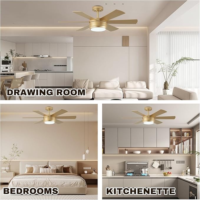 SHOWDI Ceiling Fan with Lights and Remote, 6 Blade App Control Timer Reversible Stepless Brightness and Color Temperature Outdoor Wood Ceiling Fan with Lights (Gold, 42 Inch)
