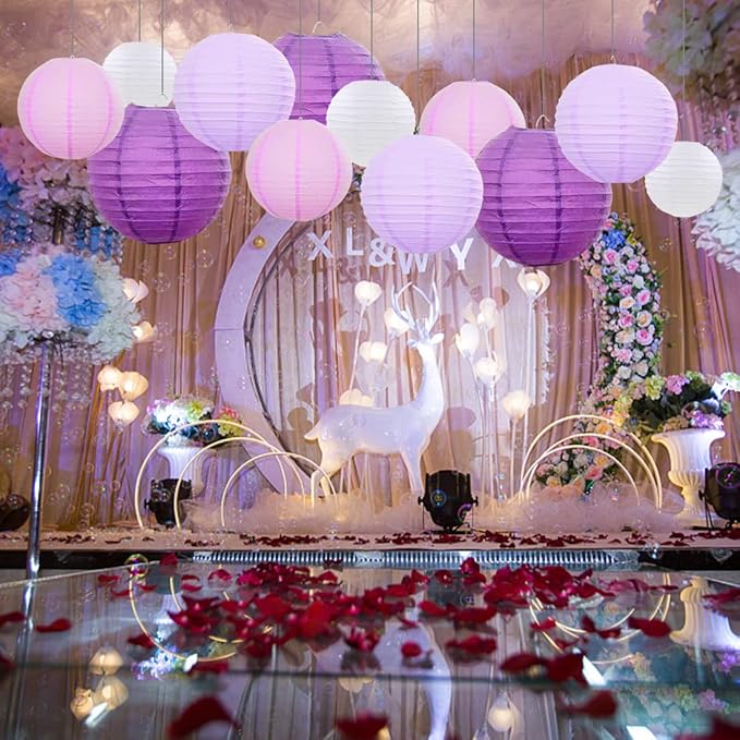 Purple Paper Lanterns 12 Pcs Assorted Size of 6" 8" 10" 12" Chinese Round Paper Hanging Decorations Ball Lanterns Lamps for Home Decorations, Parties, and Weddings