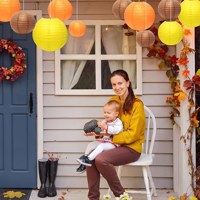 21 Pcs Fall Paper Lanterns Party Decorations, 4/6/8/10 Inch Yellow Orange and Brown Thanksgiving Decorations Autumn Hanging Paper Lanterns for Harvest Theme Party, Wedding, Birthday, Baby Shower
