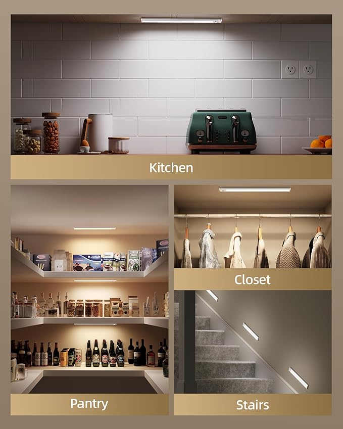 Under Cabinet Lighting, 12inch Rechargeable Motion Sensor Light Indoor, 2400mAh Battery Operated Closet Lights, with Dimmable & 3 Color Temps, Wireless Under Counter Lights for Kitchen,Stairs(6Pack) 