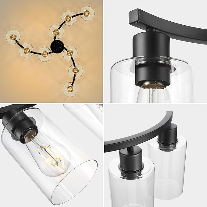 9-Light Modern Farmhouse Chandelier,29.5" Black Dining Room Light Fixture,Industrial Pendant Lights Kitchen Island,Metal Bracket with Downward Clear Glass Shade