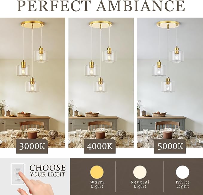Brushed Gold Dining Room Chandelier Light Fixture, 3-Light Pendant Lighting with Clear Glass, Modern Kitchen Island Cluster Hanging Pendant Lights for Kitchen Dining Room, OS-YQ8153-3BGC