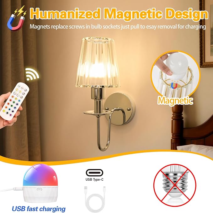 Battery Operated Wall Sconces Set of 2, Sliver Crystal Wall Lights | 5200mAh rechargeable wall lights with magnetic bulbs, remote control, 15 colors, 10-level dimming and timer for bedrooms