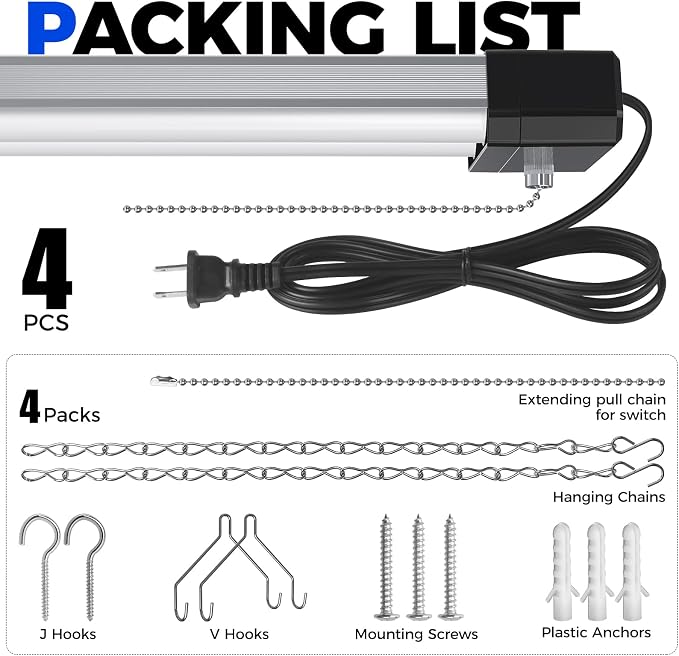Barrina BS42a LED Shop Lights 4FT for Workshop, 42W 4800LM 5000K, 4 Packs | 4FT for Garage Warehouse, Hanging or Flush Mount, Linkable to 10, Hidden Wiring, with Pull Chain Switch, Frosted Cover