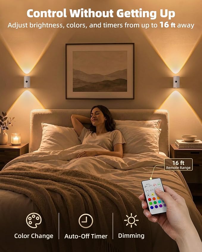EZVALO Motion Sensor Wall Sconces, Battery Operated Wall Lights with 4000mAh Rechargeable Battery, 3 CCT & 12 RGB Remote LED Lights for Hallway, Stairway (White, 2 Pack)