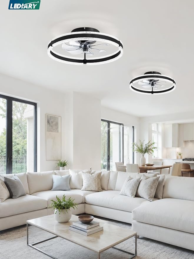 LEDIARY 20'' Low Profile Ceiling Fans with Lights and Remote, Black, 2 Pack | 3000-6000K Dimmable LED, 6 Wind Speeds, Quiet Reversible DC Motor, Small Flush Mount Fandelier for Bedroom, Living Room