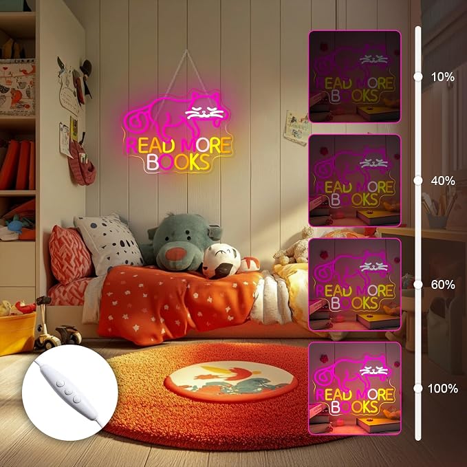 Cat Read More Books Neon Sign Led Light Dimmable LED Sign Bedroom Decor Neon Signs for Classroom Library Book Room Wall Decor Funny Gits for Children