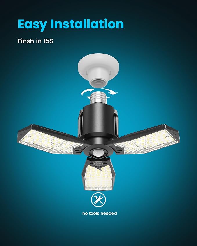 Motion Sensor Garage Light, 80W, 8000LM, E26 Screw in, 1 Pack | Remote & Wall Switch Control, Deformable LED Panels, 6500K Daylight, 360° Detection for Basement Attic