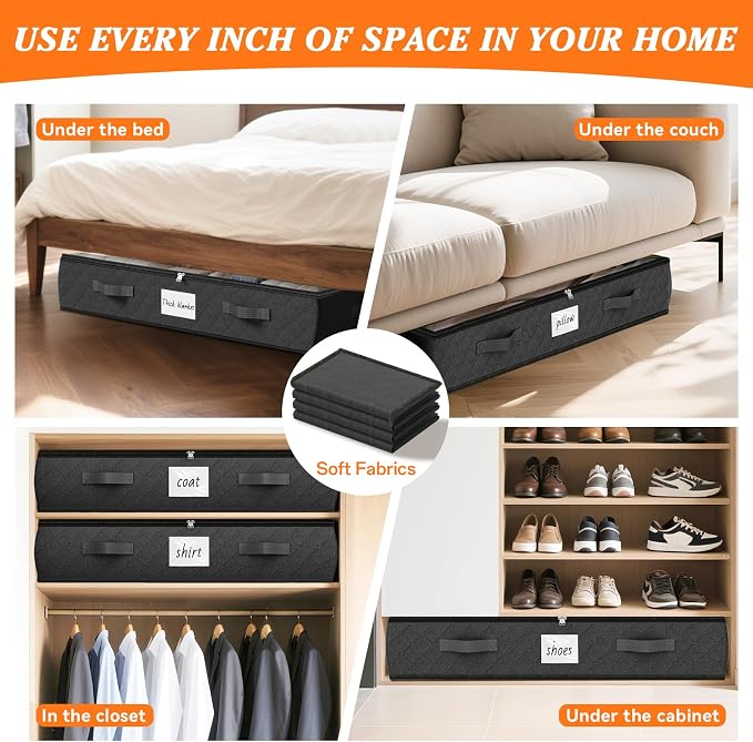 90L Under Bed Storage Containers, Storage Bags, Organizers, 6-Pack, Black | Foldable, Soft Fabric, Closet Organizers, Reinforced Handle, Label Holder, Clear Window, for Comforters, Clothing, Blankets
