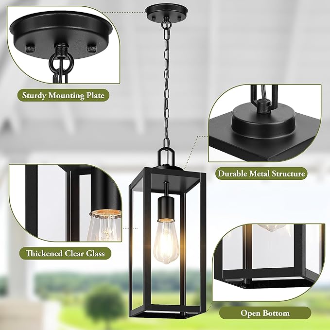 15” Large Outdoor Pendant Light, Modern Hanging Lantern, Black | Hanging Height Adjustable, Waterproof, Rust-Resistant, Durable Metal & Clear Glass, Standard E26 Sockets, Easy to Install