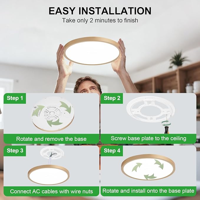 LED Flush Mount Ceiling Light: 12 inch 1Pack Super Slim Dimmable & 5CCT (2700-6500K) Kitchen Lighting Fixtures Ceiling - 24W Gold Low Profile Ceiling Lamp for Bedroom Garage Hallway