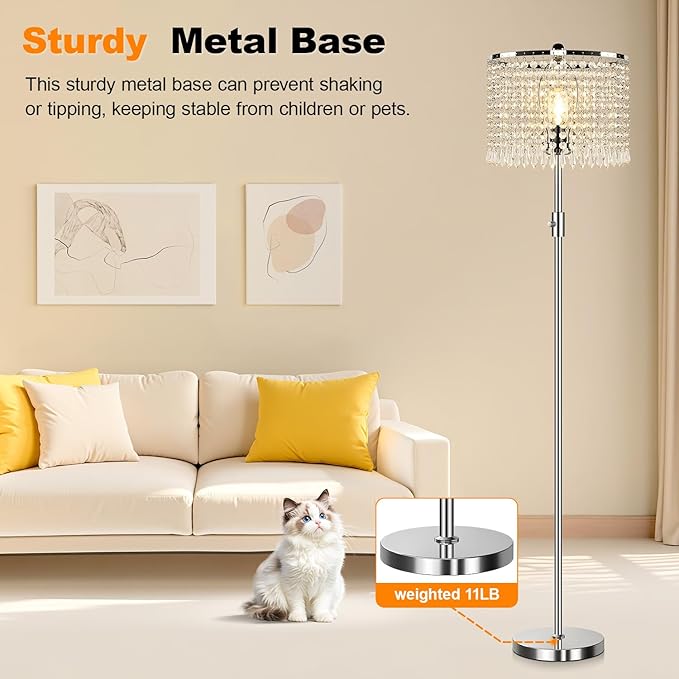 【Upgraded】 Dimmable Crystal Floor Lamps for Living Room, 1000LM LED Bulb Included, Standing Lamp with Knob Switch, Tall Silver Modern Floor Lamp for Bedroom Nursery Office Reading