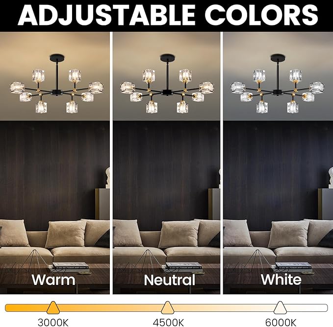 8-Light Black Crystal Chandelier Modern Sputnik Chandeliers for Dining Room Adjustable Height Sputnik Ceiling Light Fixture for Living Room Bedroom Kitchen Island