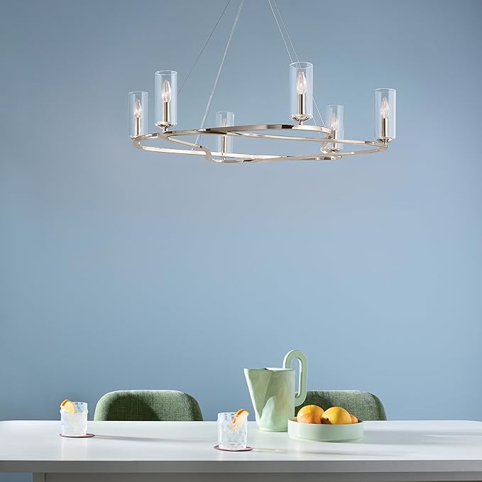 Kichler Harpin 6-Light Chandelier, Sloped Ceiling Compatible, for Dining Room or Living Room with Clear Glass in Polished Nickel (8.5" x 37.75"), 52771PN