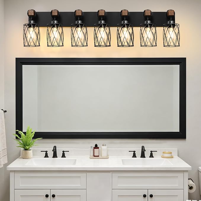 IZORRO Farmhouse Bathroom Vanity Light, 7-Light Wood Bathroom Light Fixtures Over Mirror, Black Industrial Vanity Lights with Metal Shade, Rustic Restroom Lighting Fixtures