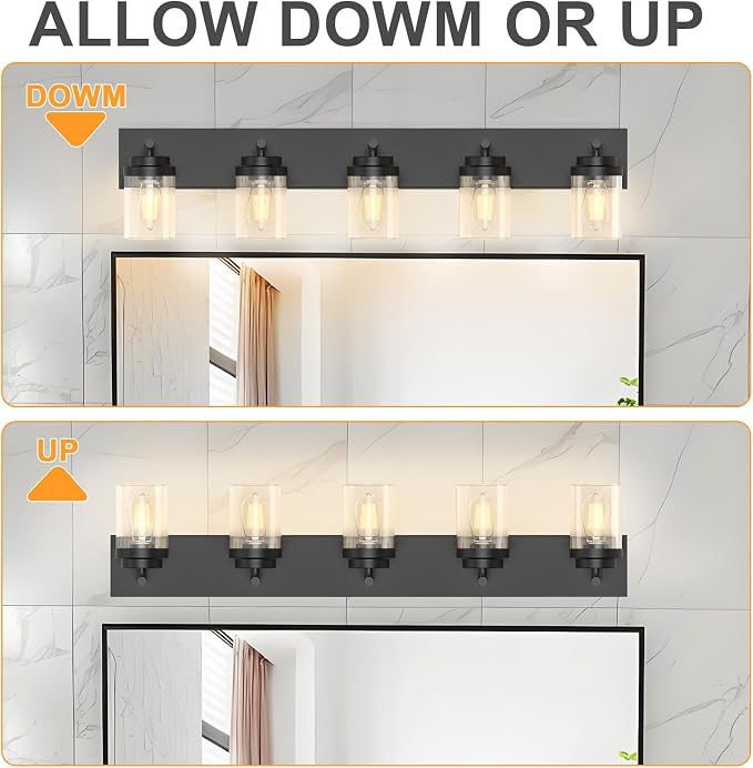 IZORRO Bathroom Vanity Light Fixture, 5-Light 36 Inch Matte Black Bathroom Light Fixtures Over Mirror, with Clear Glass Shade, Modern Farmhouse Vanity Lights, Rustic Restroom Lighting Fixtures