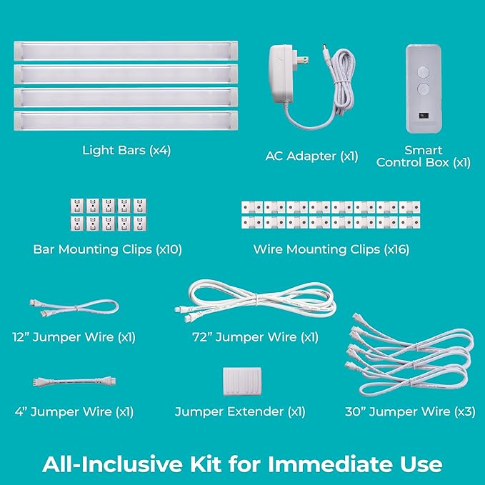 PureOptics LED Works with Alexa Smart LED Under Cabinet Lighting Kit, Motion Sensor, Dimmable, 3 Color Settings, For Kitchen, Cabinets and Closets, (4) 9" Bars, White, A Device
