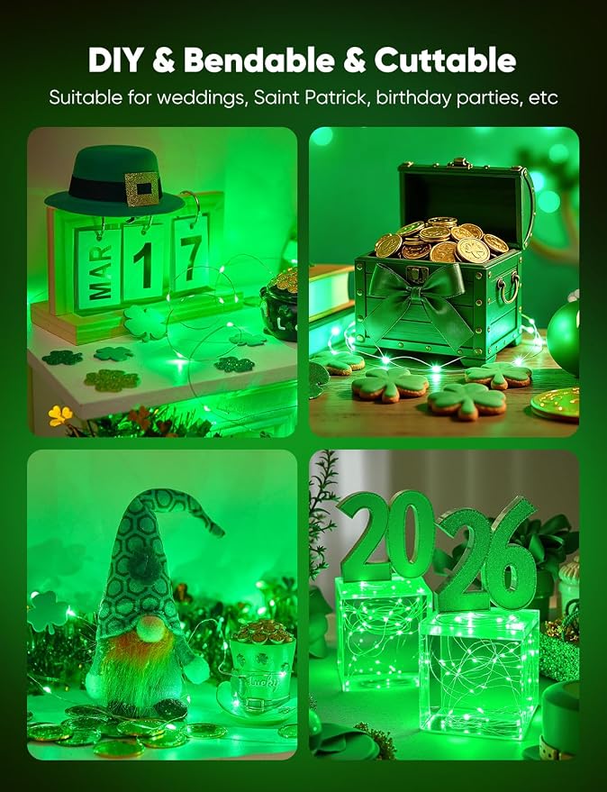 Minetom 12 Pack Green Christmas Lights, St Patricks Day Lights, 7ft 20 LED Fairy Lights Battery Operated String Lights, St Patricks Day Decorations, 8 Modes Waterproof Silver Wire Twinkle Lights