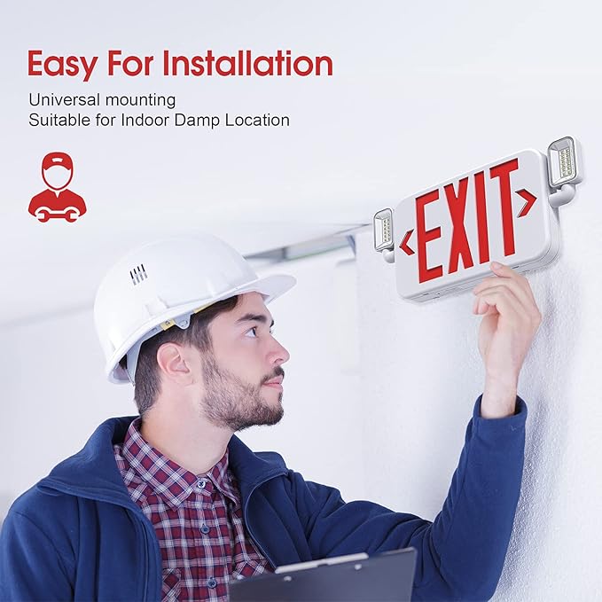 Led Combo Emergency Exit Sign Light with Two Adjustable Head Lights and Backup Battery Exit Light,US Standard Red Letter Commercial Emergency Exit Lighting,UL 924,AC120/277V (4Pack)