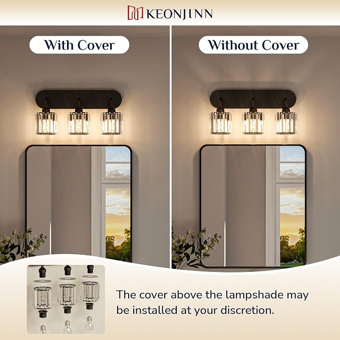 Keonjinn 4-Light Black Bathroom Light Fixtures Over Mirror, Crystal | Vanity Lighting Fixture with Crystal Square Shades, Dimmable, Modern Style, Compatible with E26 Base LED Bulbs (Exclude Bulb)