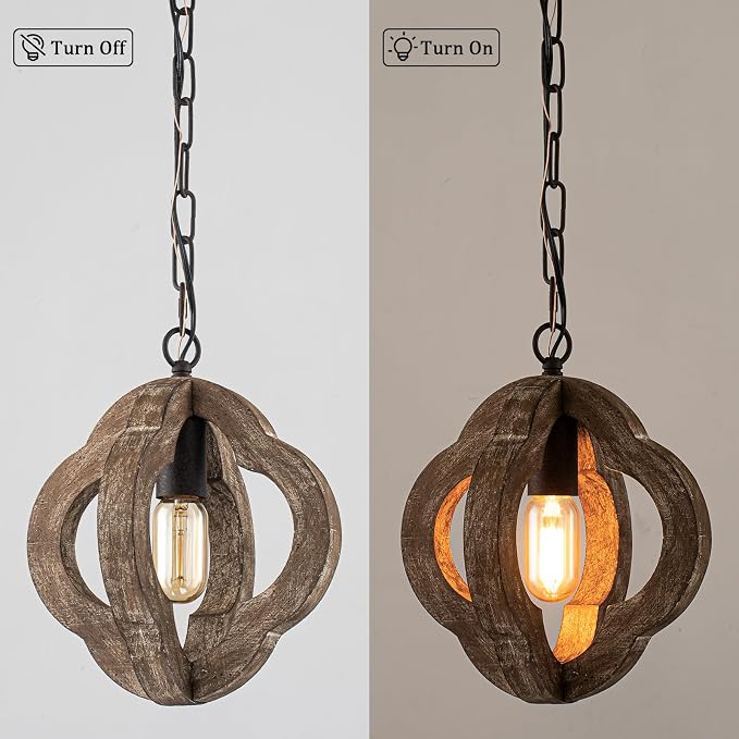 10" Small Farmhouse Wood Oak Pendant Light for Kitchen Island Over Sink | Distressed Oak, Rustic Country Style, Rust-Brown Finish, Orb Shape, E26 1-Light, Ajustable Height