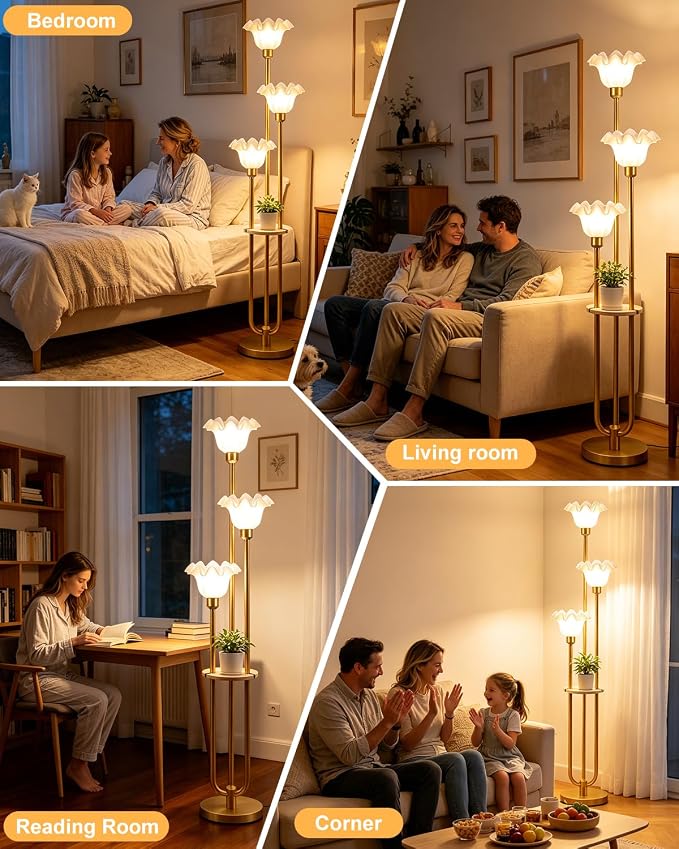 Lightdot Flower Floor Lamp for Living Room Dimmable Vintage Floor Lamp with Shelf& Bulbs Included Mid Century Gold Floral Standing Tall Lamp with 5Lbs Heavy Base for Bedroom/Sofa Beside/Corner Decor