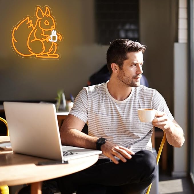 Squirrel Drinking Coffee Neon Sign Squirrel Led Sign Coffee Shop Neon Bar Sign Animal Light Sign Dimmable LED Neon Light for Bar Gaming Room Business Shop Decoration