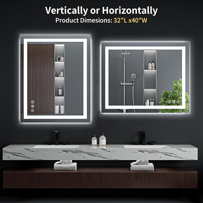 32"x40" LED Bathroom Mirror with Lights, Backlit+Frontlit, Anti-Fog | CRI 95, Stepless Dimmable, 3 Colors Lighting, Shatterproof Tempered Glass, HD Reflection, Memory, (Horizontal/Vertical)