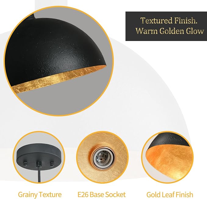 Black and Gold Dome Pendant Light, 20 Inch Large Dome Chandelier Industrial Fixture with Gold Leaf Interior for Dining Room, Kitchen Island, Bar or loft.