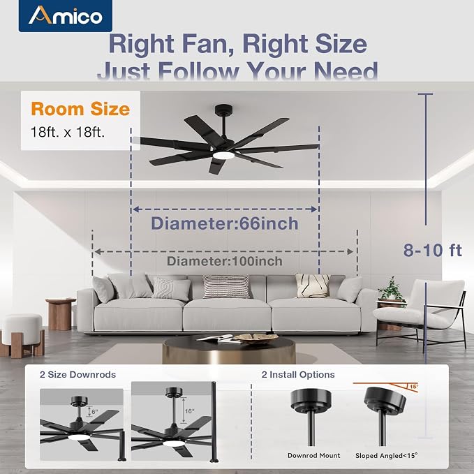Amico 66 Inch Ceiling Fans with Lights and Remote, Black | 6 Speed Reversible DC Motor, 3CCT, Dimmable, Quiet, Timer, Large Modern Ceiling Fan for Living room, Indoor/Outdoor