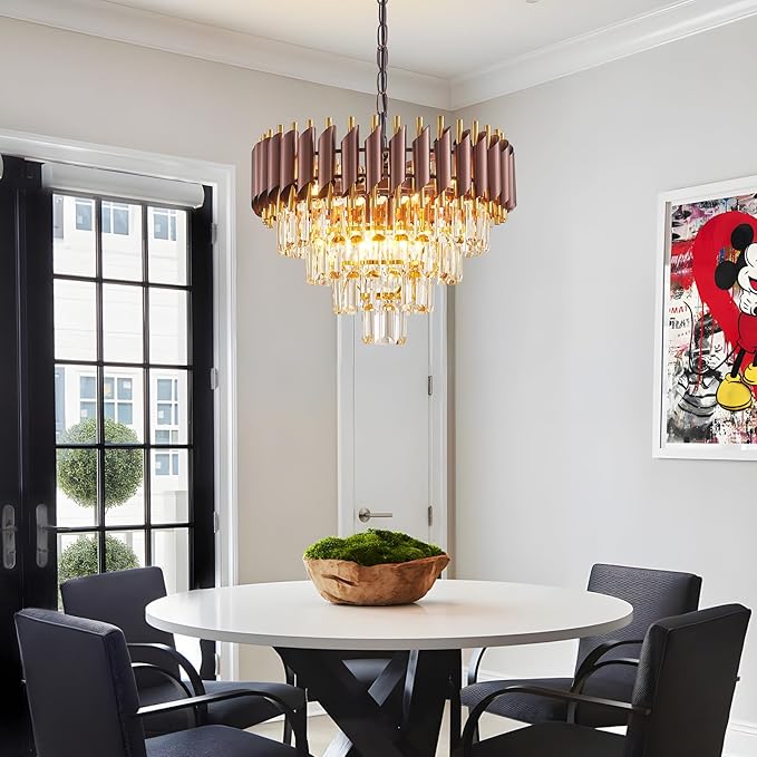 Modern Crystal Chandeliers 4-Tier K9 20" Round Coffee and Gold Crystal Chandelier Light Fixture 7 Lights Hanging Pendant Ceiling Light Fixture for Dining Room Living Room Entryway Foyer