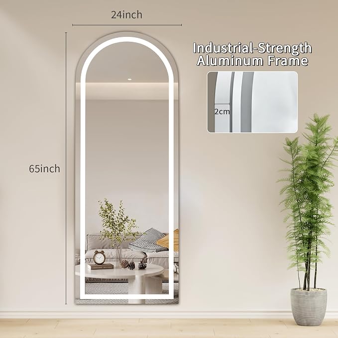 Koonmi LED Arched Full Length Mirror, 65"x24" Full Length Mirror with Lights, Lighted Floor Mirrors with Stand, Full Body Mirrors with Dimming & 3 Color Lightingfor Living Room Cloakroom, White
