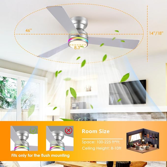 46" 3-Blade Silver Low Profile RGB Ceiling Fan with Light and Remote/APP | 11 RGB Modes,Reversible 6 Wind Speeds,Dimmable 3 CCT LED, 25W Quiet DC Motor,Timer,6 Double-Sided Blades,for Kidsroom Party