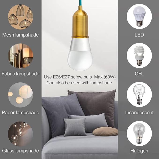 Pendant Light with Plug in Cord Rope Hanging Lamp Bulb Socket Teal Fabric Cloth Covered with Switch Fixture Braided Lighting Cords Industrial Porcelain Gold Holder DIY Retro Swag Lights Shade 15ft