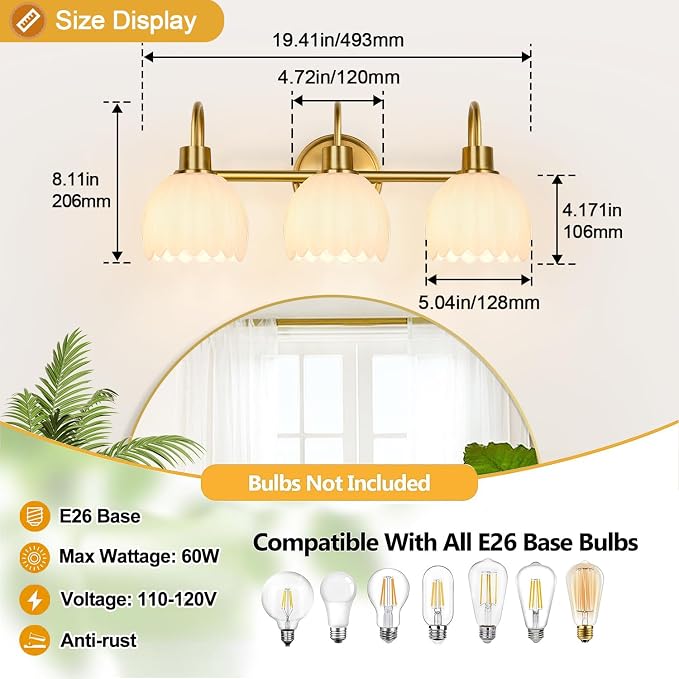 Bathroom Light Fixtures, 3-Light Gold Vanity Light Fixtures with White Tulip Glass Shades, Bathroom Lighting Fixtures Over Mirror for Bedroom, Living Room & Hallway (Bulbs Not Included)